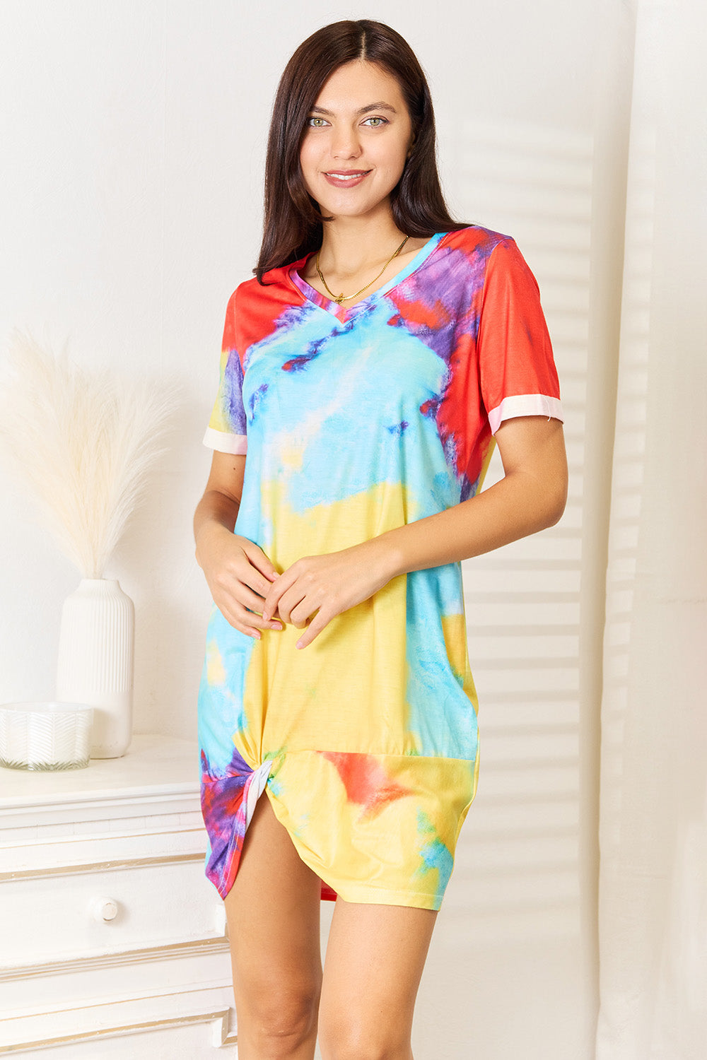 Tie-Dye V-Neck Twisted Dress Mini Dress Trendsi Multicolor S 