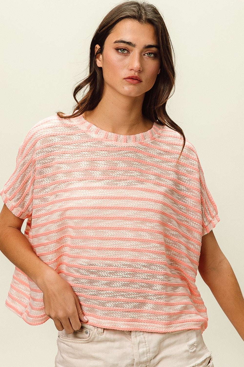 BiBi Braid Striped Short Sleeve Round Neck T-Shirt T-Shirt Trendsi Pink S 