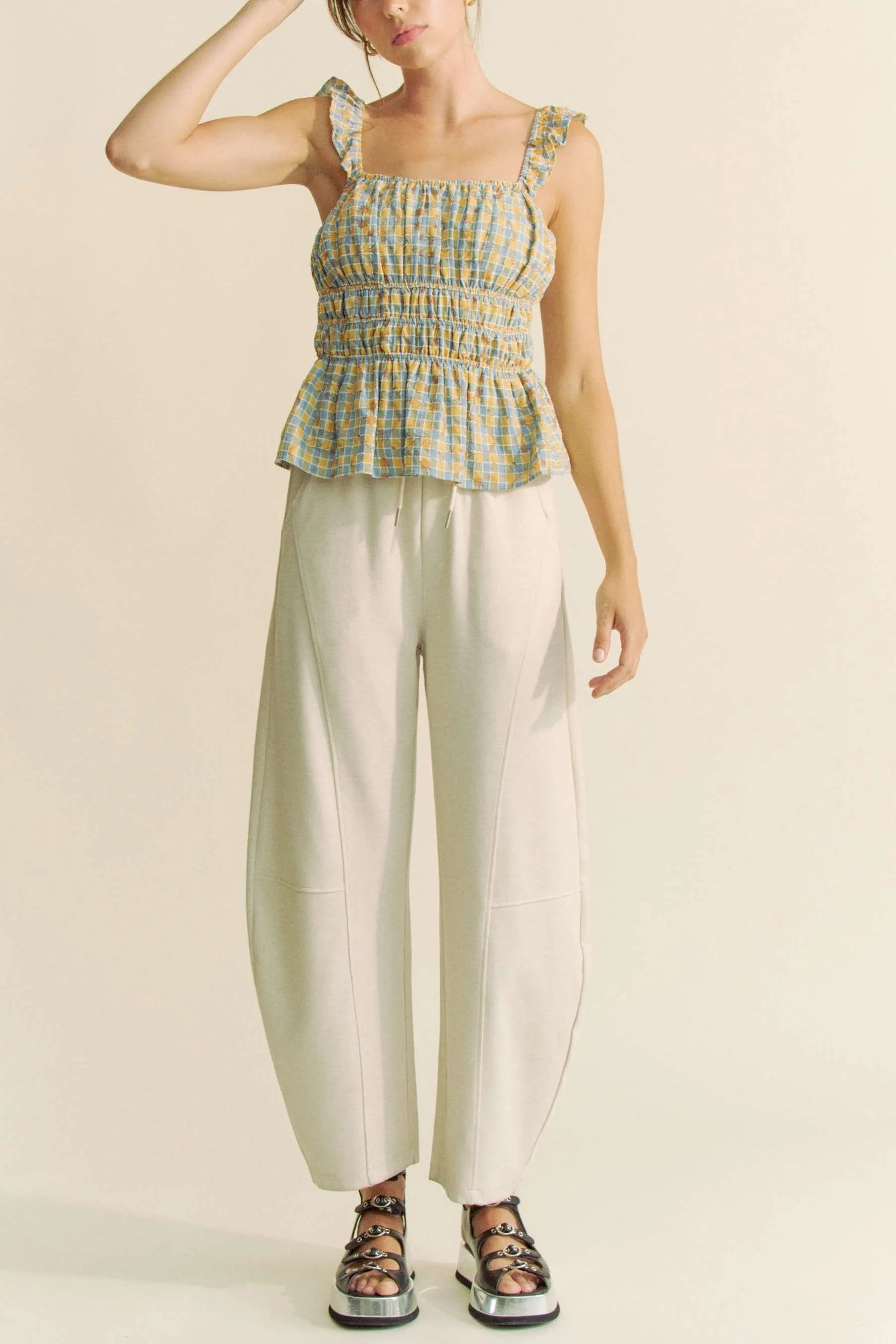 Davi & Dani Plaid Ruffled Strap Smocked Sleeveless Top - NeoKira Unlimited