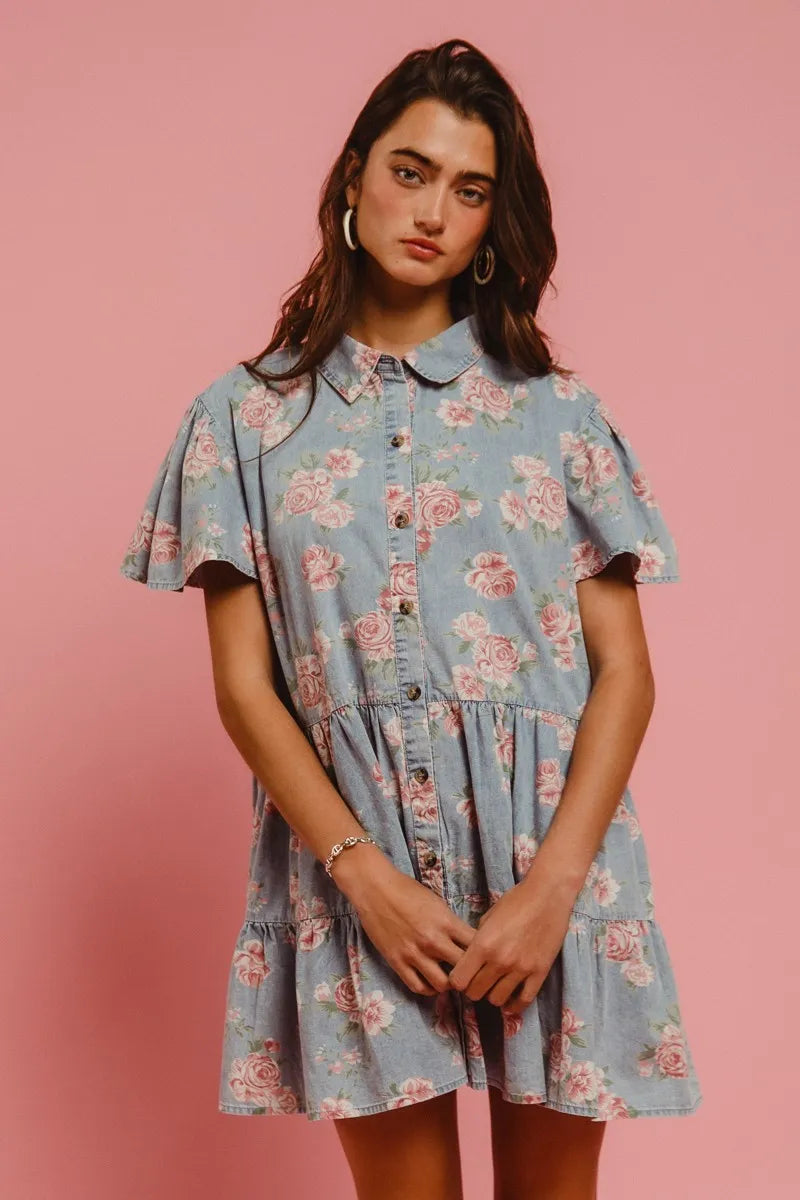 BiBi Vintage Style Blue Floral Washed Tiered Lightweight Mini Shirt Dress - NeoKira Unlimited