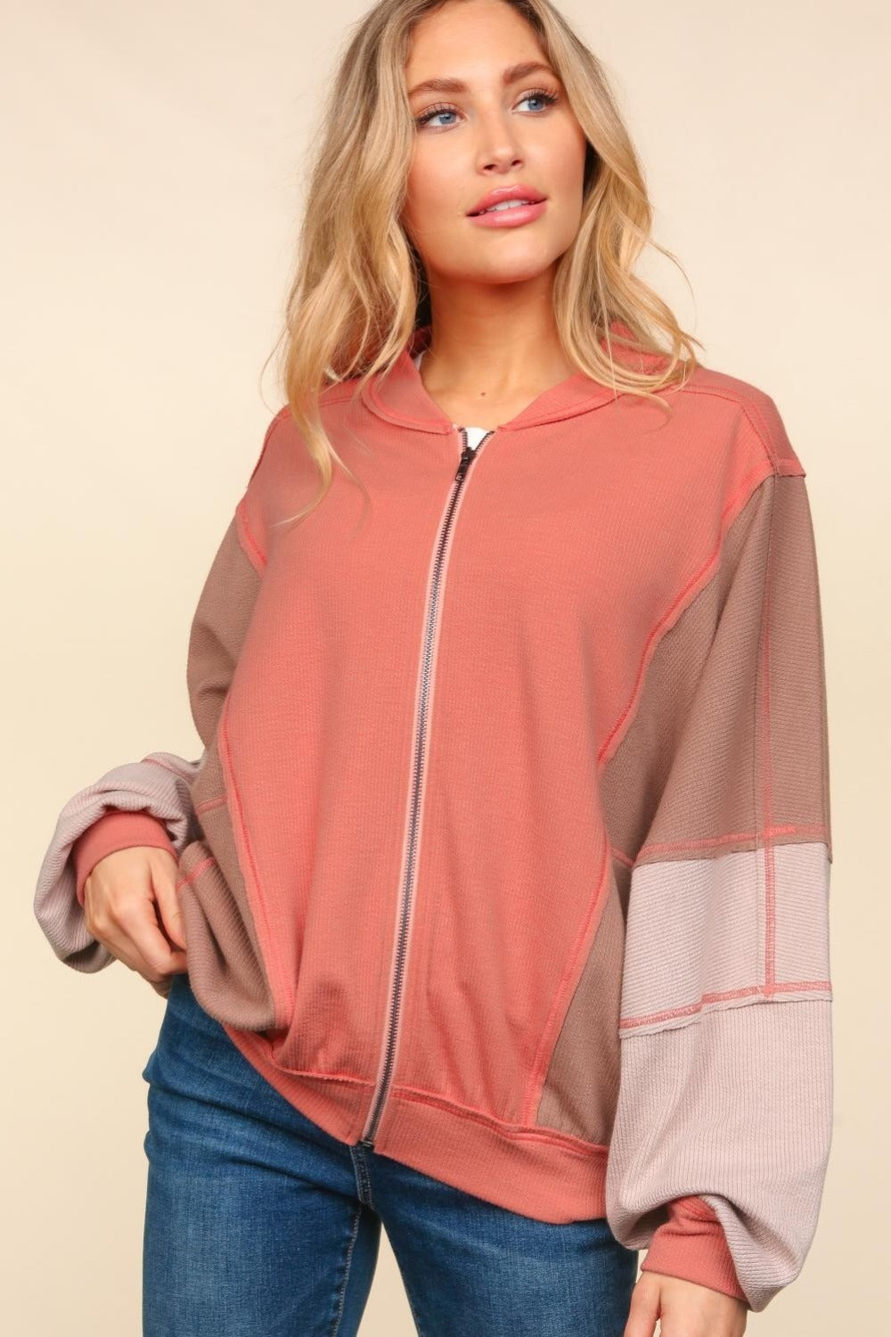 Haptics Zip Up Color Block Bomber Jacket with Side Pockets - NeoKira Unlimited