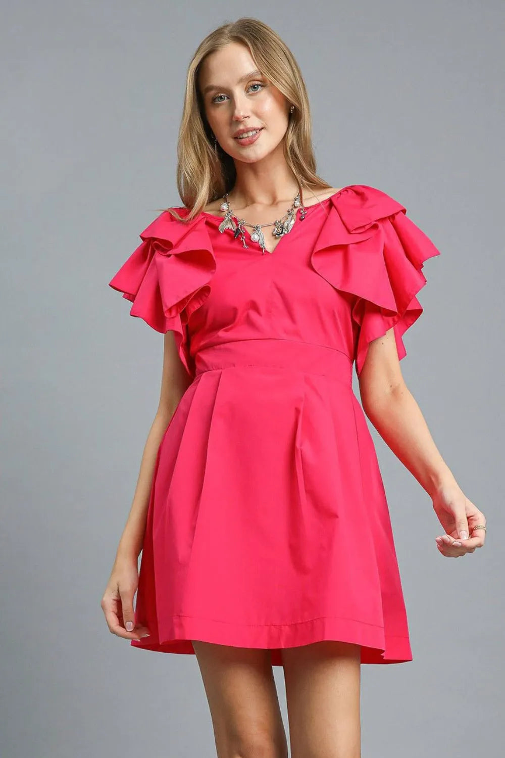 Umgee Hot Pink Fit and Flare Dress – Double Ruffle Feminine Glam Style - NeoKira Unlimited