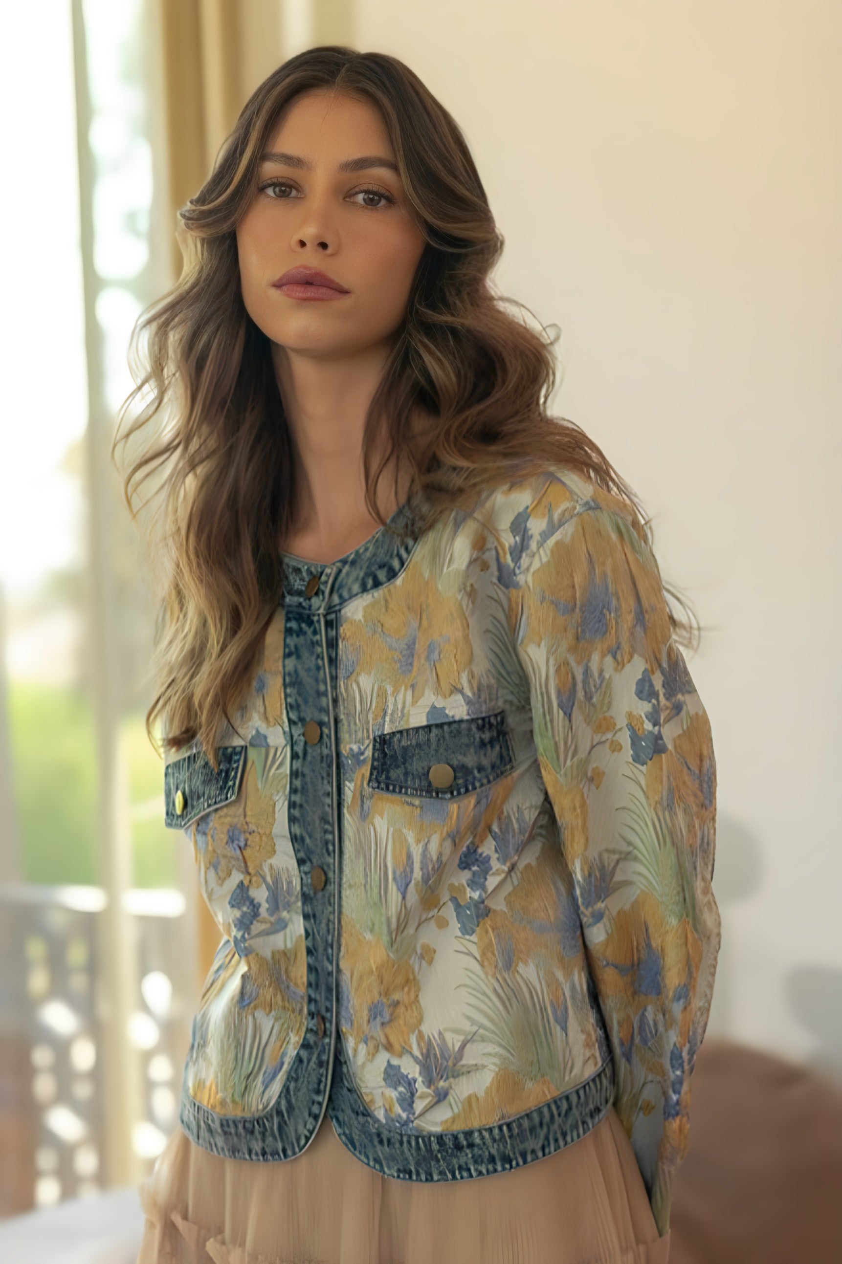 Annie Wear Floral Jacquard Denim Contrast Button Down Jacket - NeoKira Unlimited