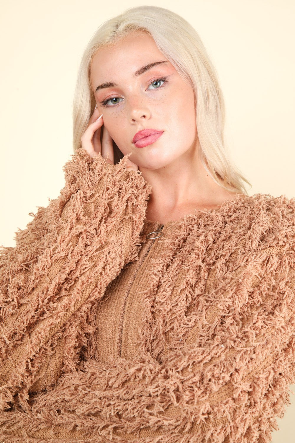 VERY J Shaggy Yarn Knit Zip Up Jacket - NeoKira Unlimited