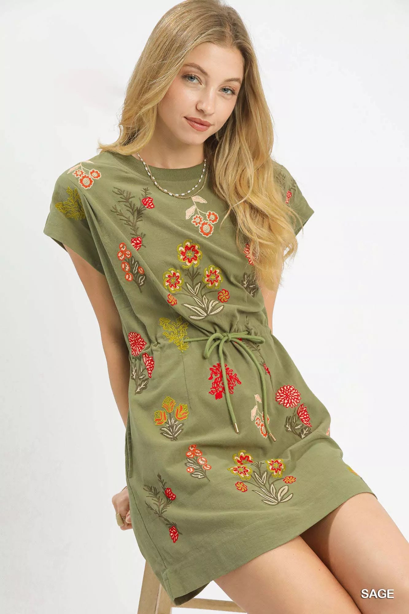 Umgee Embroidered Floral Mini Dress with Waist Tie - NeoKira Unlimited