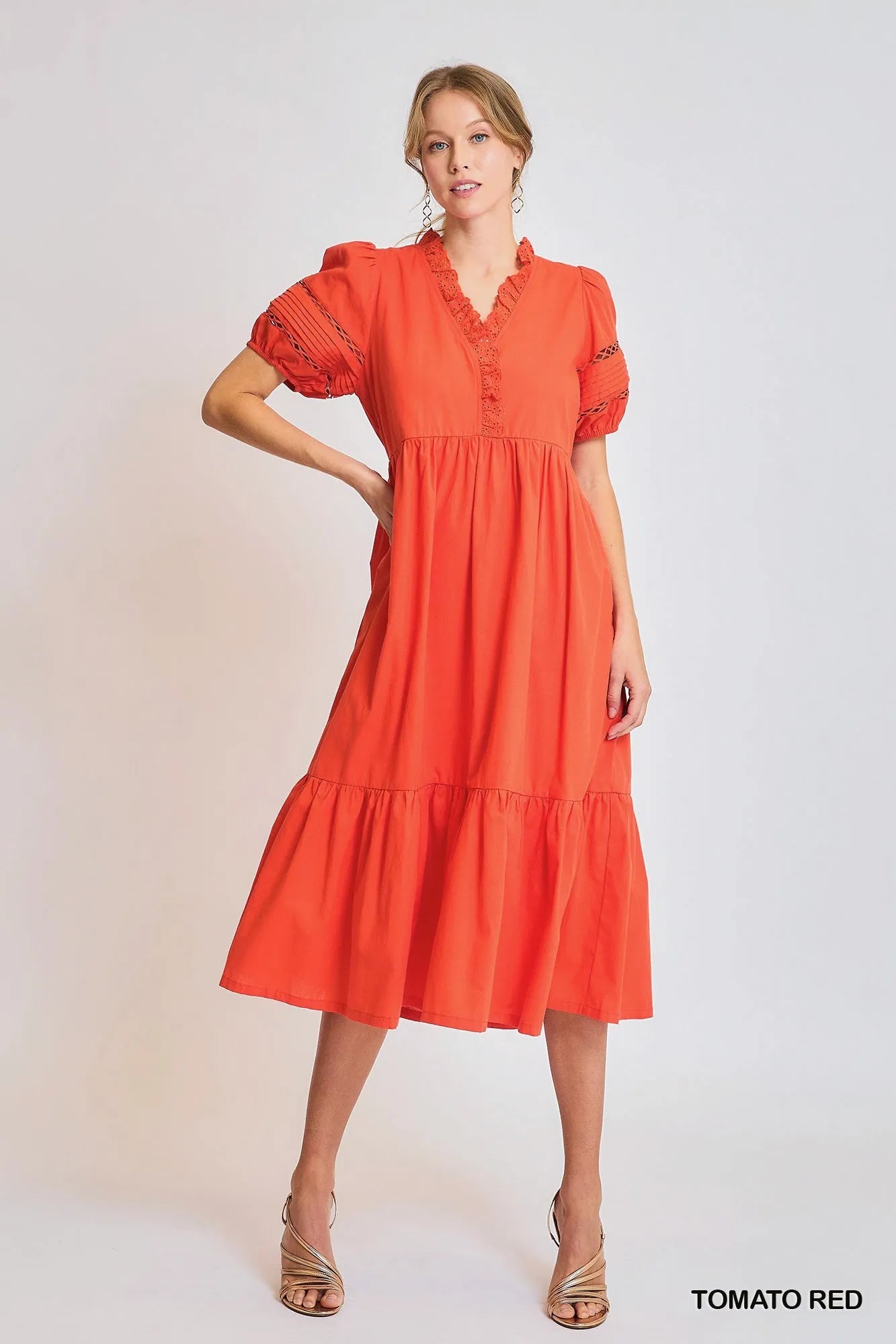 Umgee Short Sleeve Lace Trim Ruffled Midi Dress Tomato Red Style - NeoKira Unlimited