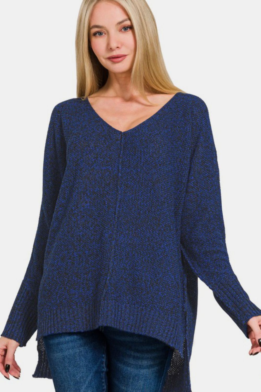 Zenana High-Low Center Seam V-Neck Sweater - NeoKira Unlimited