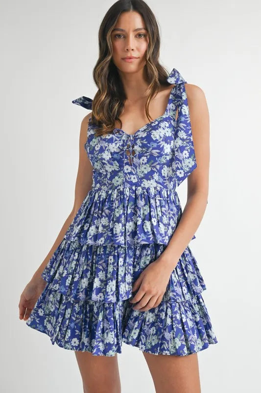 MABLE Floral Print Shoulder Tie Layered Mini Dress - NeoKira Unlimited