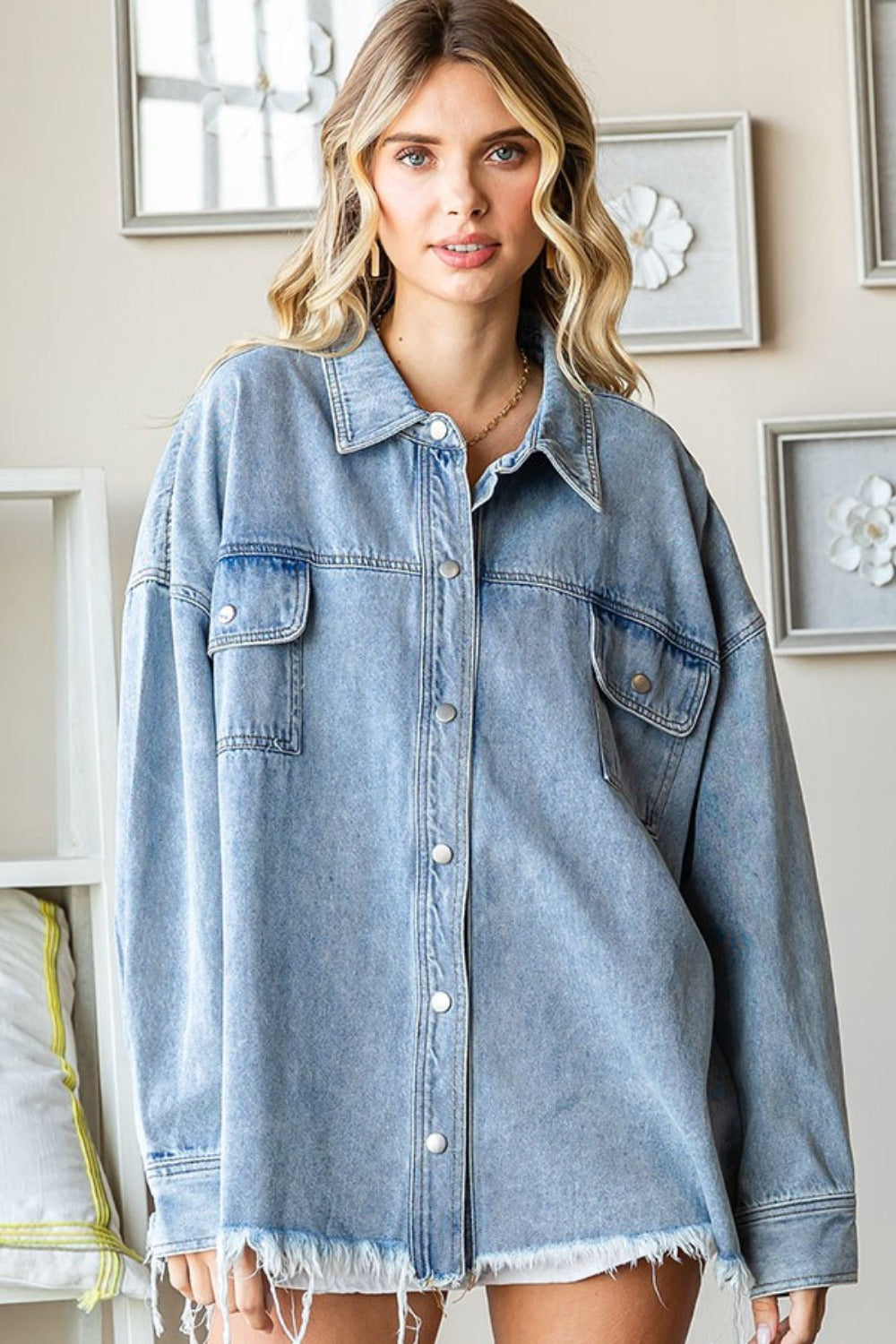 First Love Smile Face Button Down Raw Hem Denim Jacket - NeoKira Unlimited