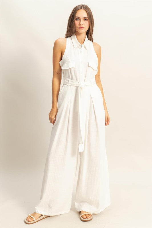 HYFVE Sleeveless Tie Waist Wide Leg Jumpsuit - NeoKira Unlimited