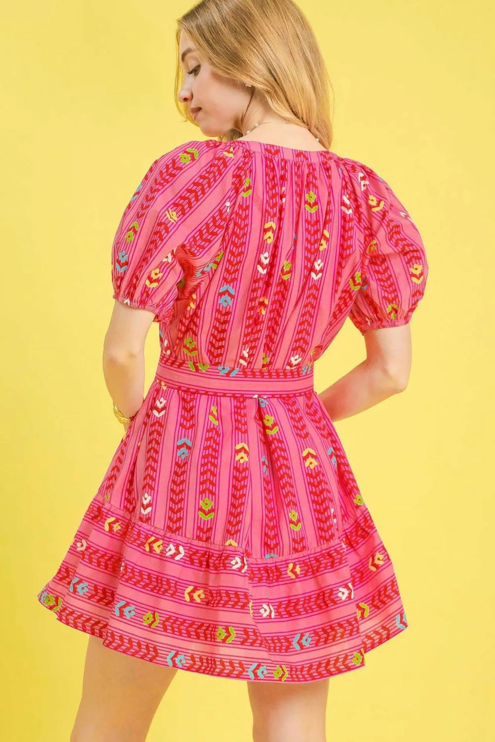 Umgee Boho Ethnic Chic Pink Geometric Puff Sleeve Cotton Mini Dress - NeoKira Unlimited