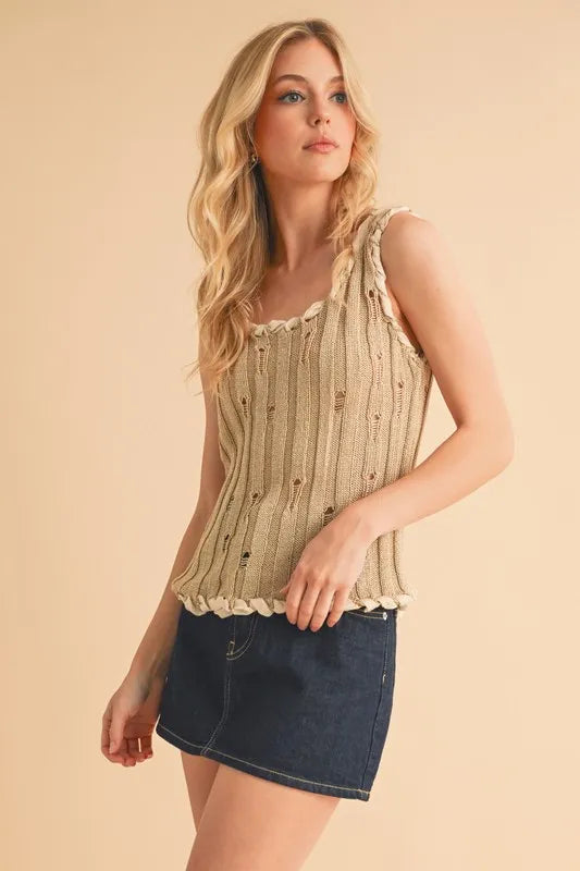 Aemi+Co Distressed Detail Round Neck Knit Tank - NeoKira Unlimited