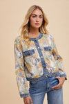 Annie Wear Floral Jacquard Denim Contrast Button Down Jacket - NeoKira Unlimited