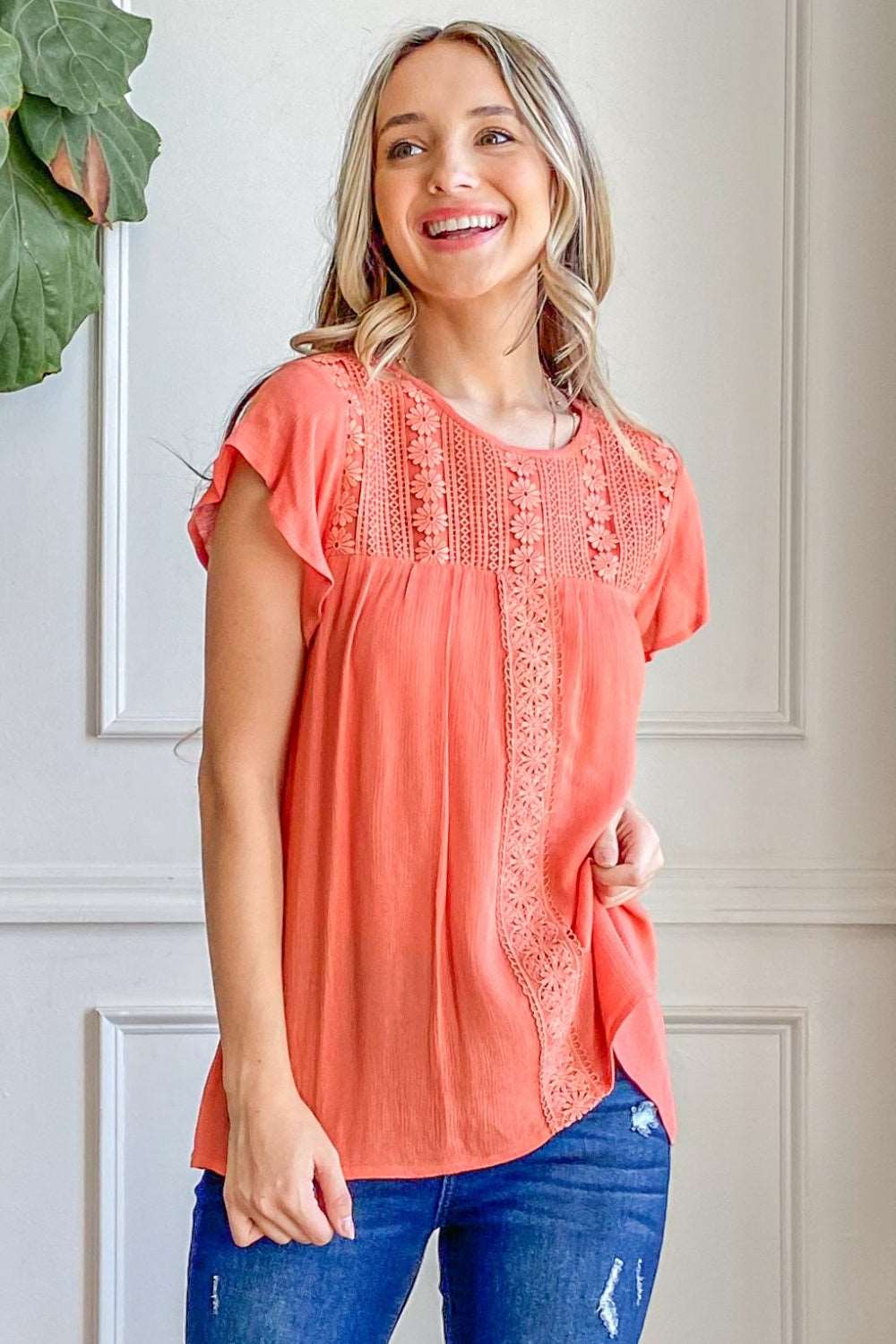 And The Why Lace Detail Ruffle Short Sleeve Blouse  Trendsi   