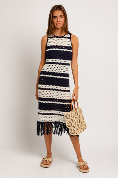 Sleeveless Crochet Effect Dress Midi Dress LE LIS WHITE-NAVY STRIPE XS 