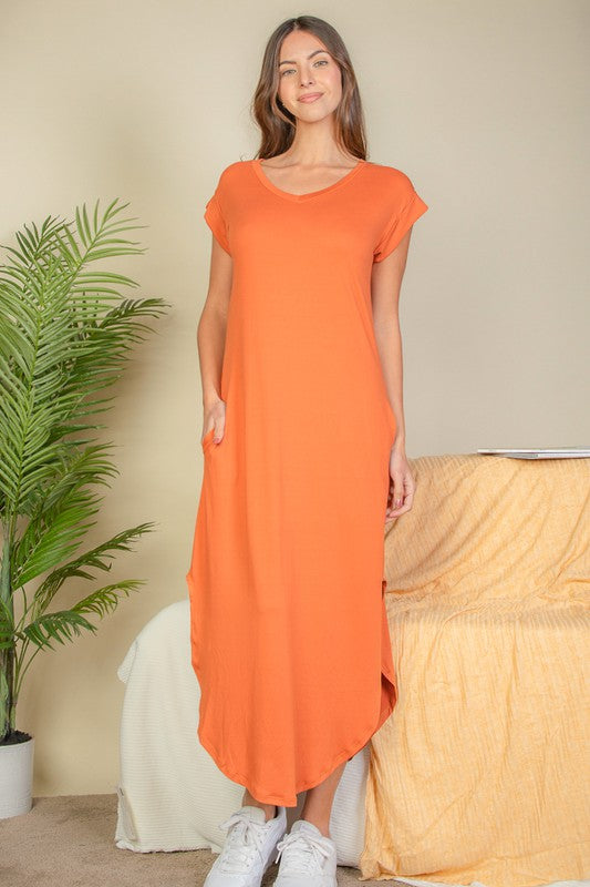 Hidden Pocket Batwing Sleeve V Neck Long Dress Maxi Dress Capella   