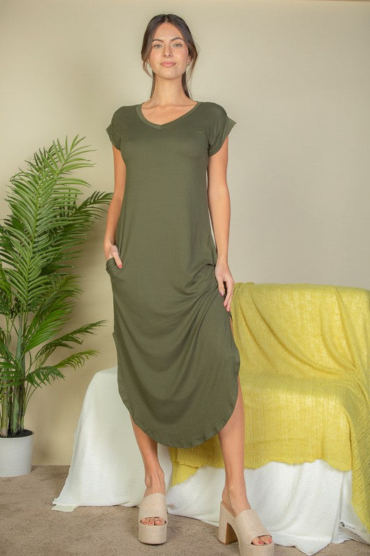 Hidden Pocket Batwing Sleeve V Neck Long Dress Maxi Dress Capella Olive S 