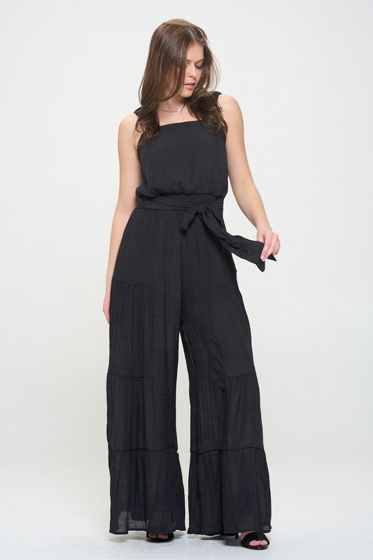 Jade By Jane Square Neckline Wide-Leg Jumpsuit | Boho Casual Elastic Waist - NeoKira Unlimited