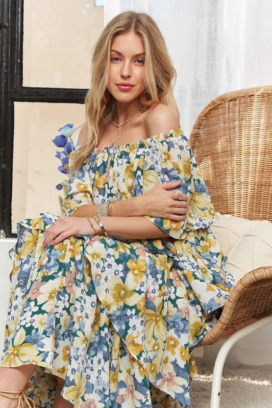 ADORA Layered Floral Off-Shoulder Short Sleeve Maxi Dress - NeoKira Unlimited