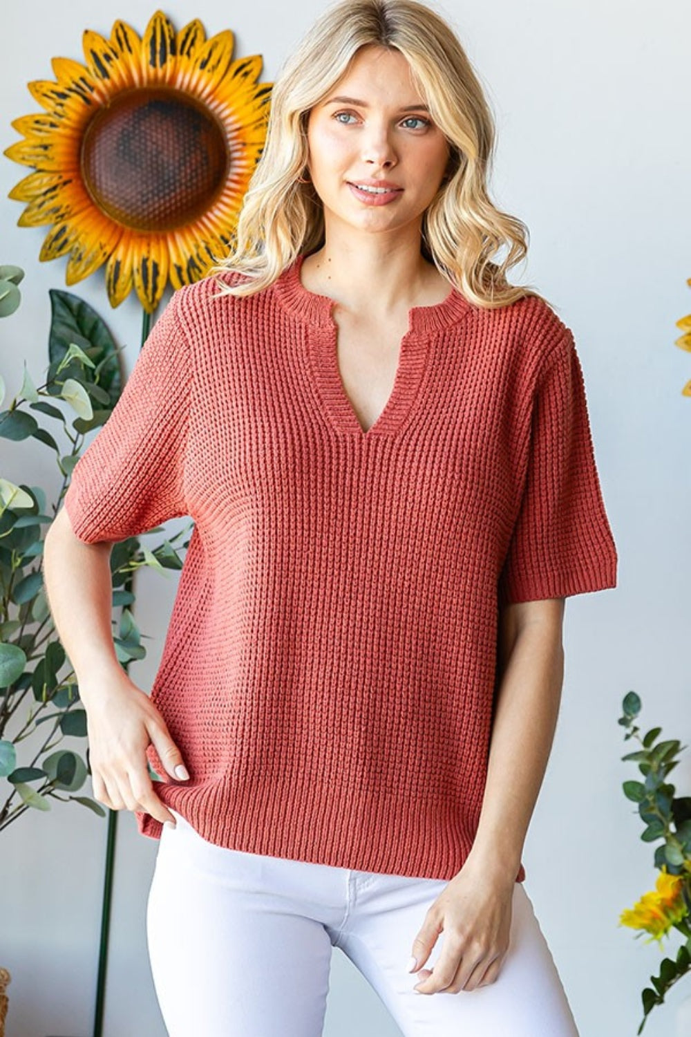 First Love Notched Short Sleeve Knit Top Top Trendsi   