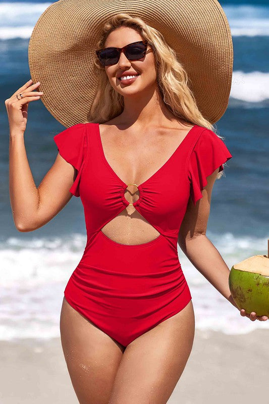 One Piece Ruffle Sleeve Cutout O-Ring Swimsuit - NeoKira Unlimited