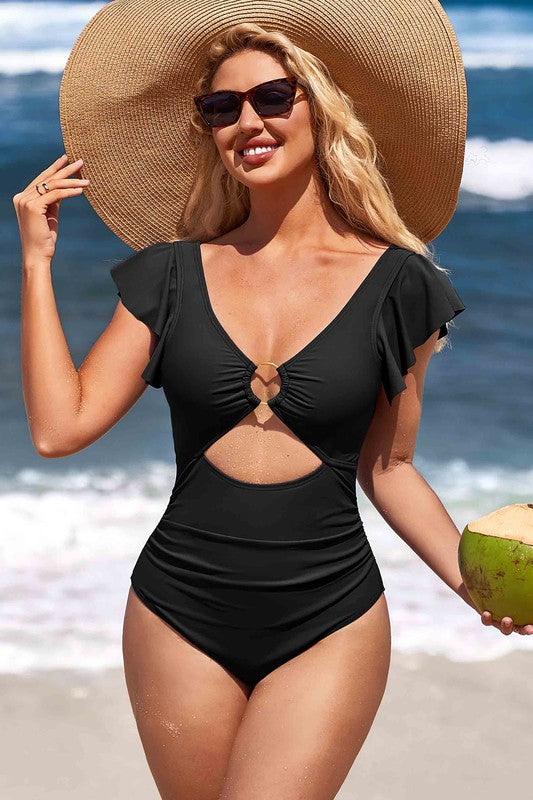 One Piece Ruffle Sleeve Cutout O-Ring Swimsuit - NeoKira Unlimited