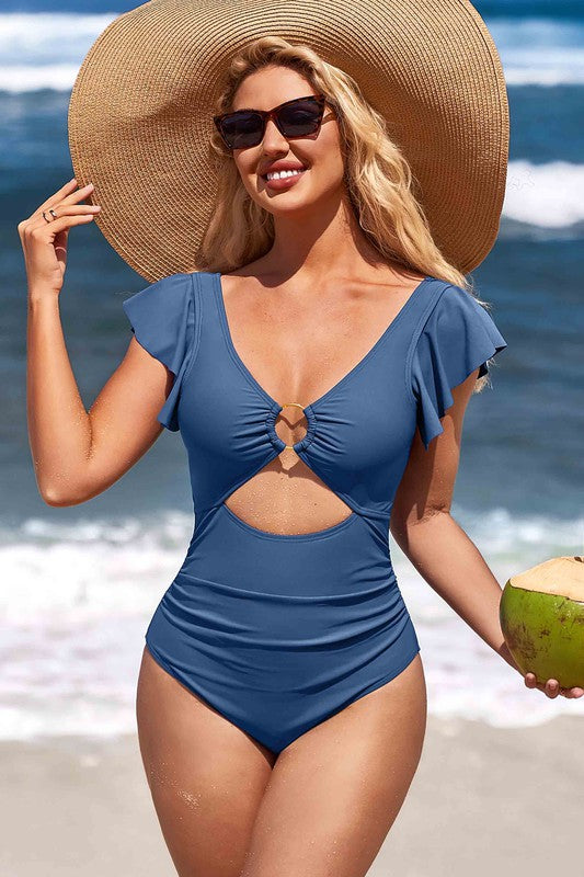 One Piece Ruffle Sleeve Cutout O-Ring Swimsuit - NeoKira Unlimited