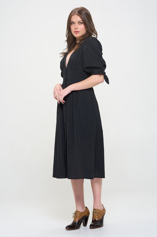 Jade By Jane 3/4 Puff Sleeve Textured V-Neck Button Down Midi Dress Midi Dress Jade By Jane   