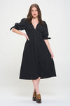 Jade By Jane 3/4 Puff Sleeve Textured V-Neck Button Down Midi Dress Midi Dress Jade By Jane   