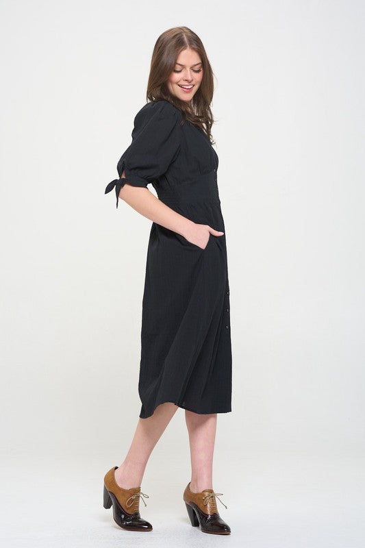 Jade By Jane 3/4 Puff Sleeve Textured V-Neck Button Down Midi Dress Midi Dress Jade By Jane   