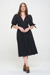 Jade By Jane 3/4 Puff Sleeve Textured V-Neck Button Down Midi Dress Midi Dress Jade By Jane BLACK S 