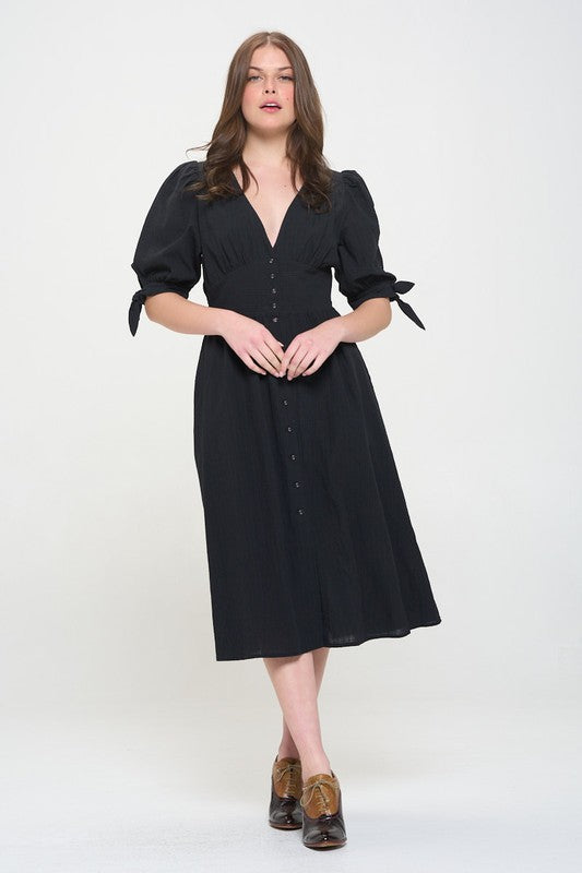 Jade By Jane Textured Puff Sleeve Midi Dress | Romantic Cottagecore Vibes - NeoKira Unlimited