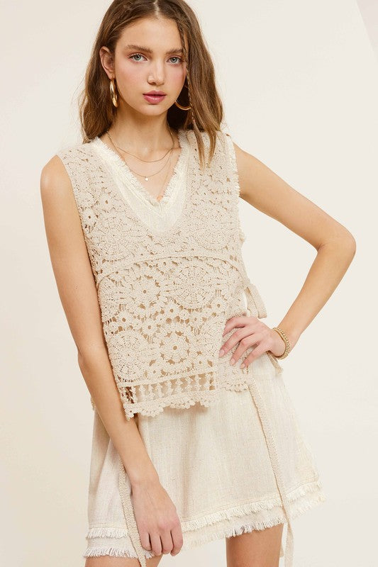 Self Side Tie Detailed Crochet Vest Top  La Miel   