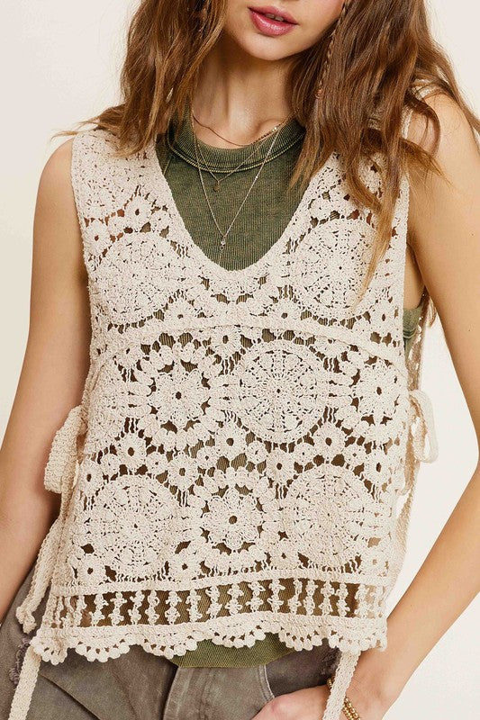 Self Side Tie Detailed Crochet Vest Top  La Miel   