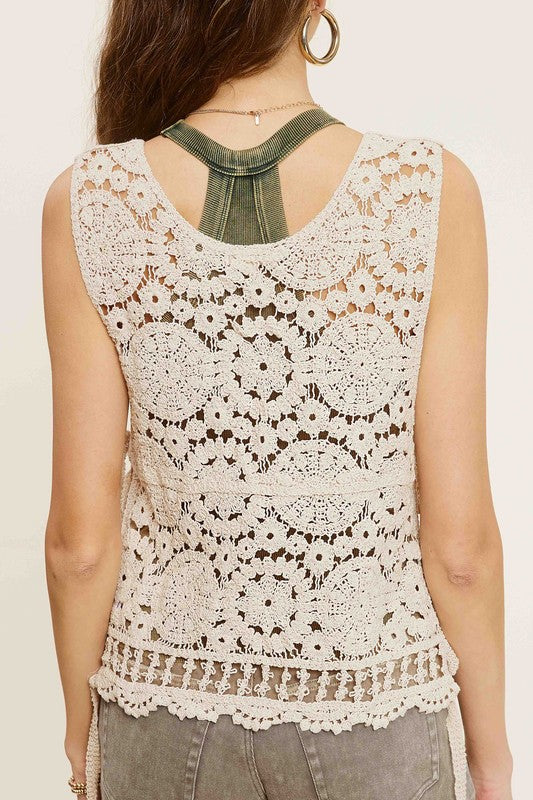 Self Side Tie Detailed Crochet Vest Top  La Miel   