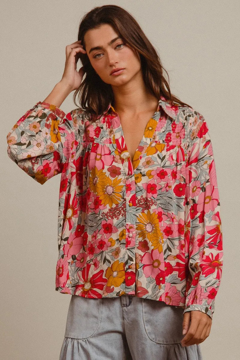 BiBi Tropical Floral Button-Up Blouse Vibrant Long Sleeve Relaxed Fit Top - NeoKira Unlimited