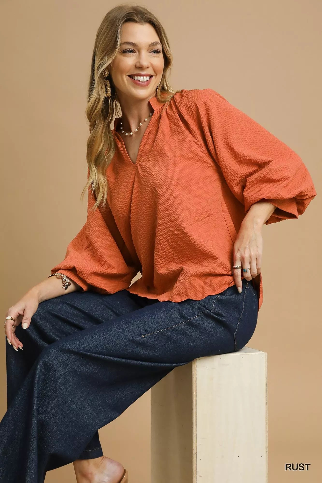 Umgee Effortless Chic Textured Balloon Sleeve Blouse with Scalloped Hem - NeoKira Unlimited