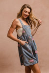 BiBi Flower Printed Wide Strap Denim Overalls - NeoKira Unlimited