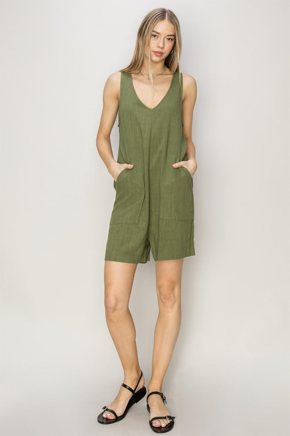 HYFVE V-Neck Sleeveless Romper with Pockets Romper Trendsi   