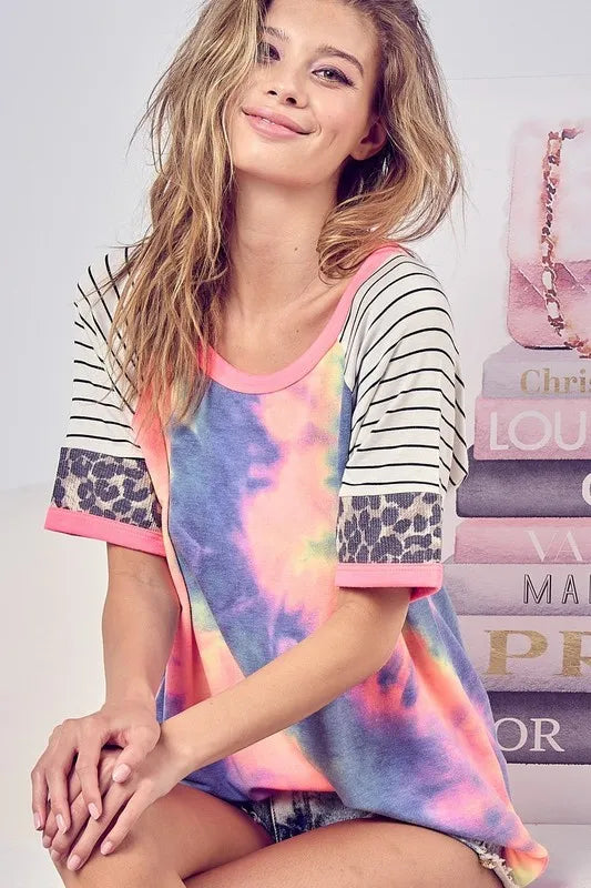 BiBi Tie Dye French Terry Top with Stripe Raglan Casual Chic - NeoKira Unlimited