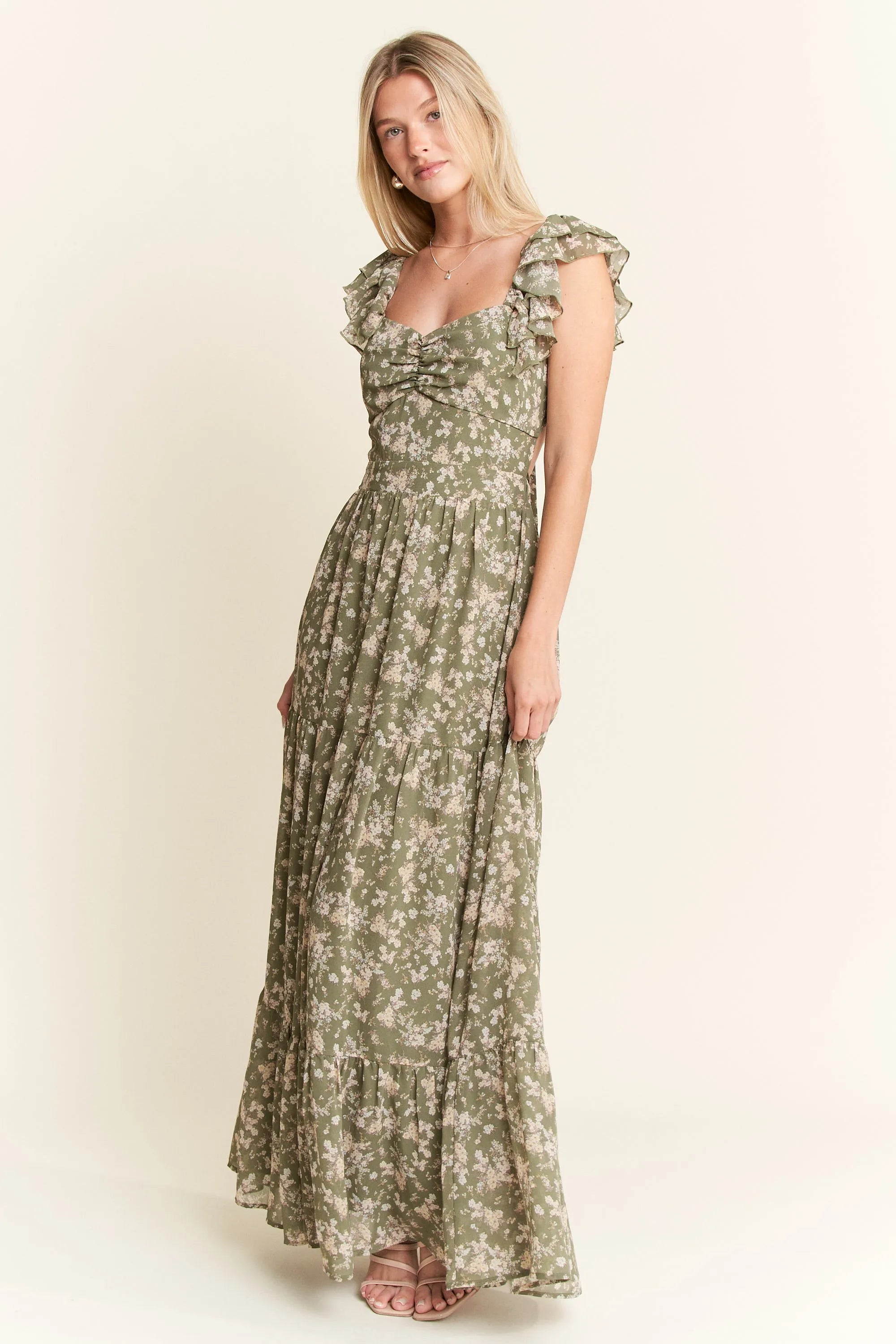 Jade By Jane Sage Green Floral Smocked Tiered Ruffle Sleeves Maxi Dress - NeoKira Unlimited