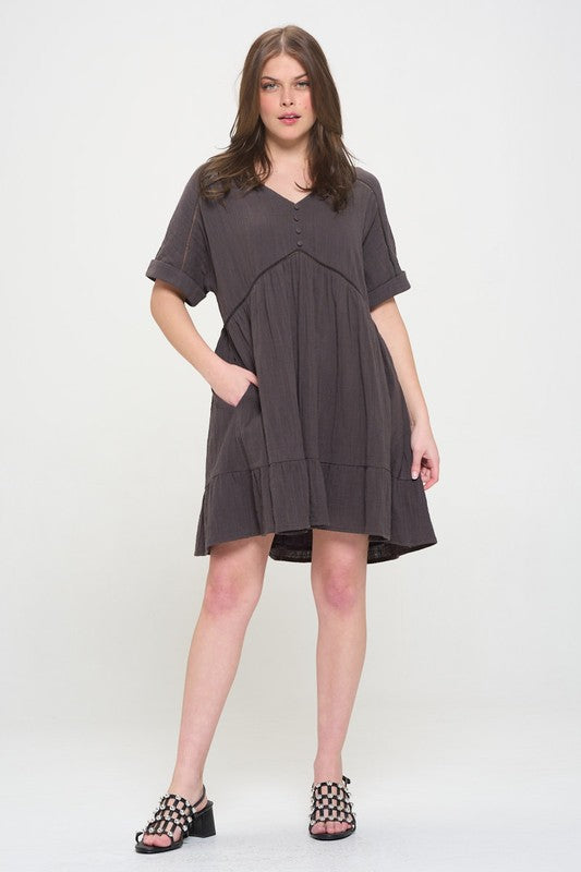 Jade By Jane Textured A-Line Short Dress | Boho Minimalist V-Neck - NeoKira Unlimited