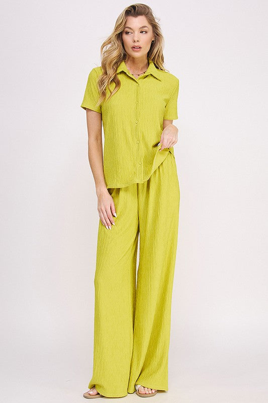Jade By Jane Textured Short Sleeve Button Down Wide Legs Pants Set - NeoKira Unlimited