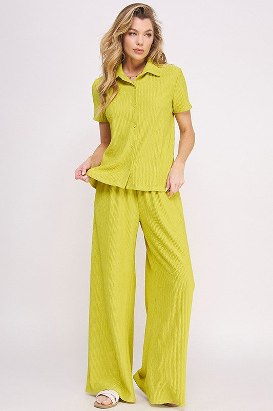 Jade By Jane Textured Short Sleeve Button Down Wide Legs Pants Set - NeoKira Unlimited