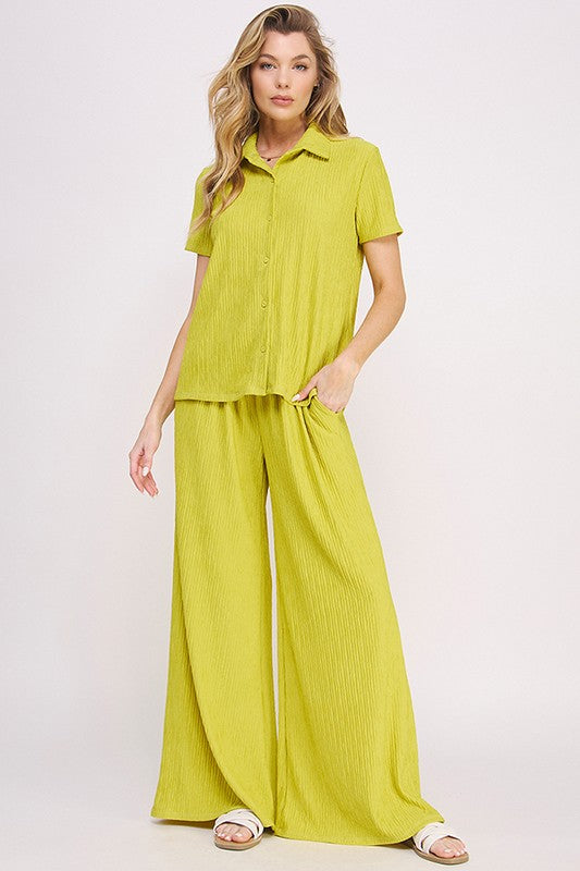 Jade By Jane Textured Short Sleeve Button Down Wide Legs Pants Set Pants Set Jade By Jane Lime M 