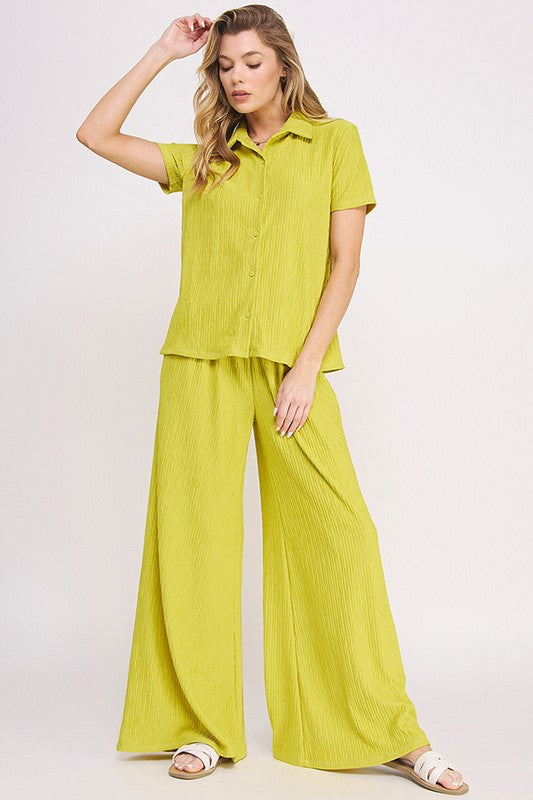 Jade By Jane Textured Short Sleeve Button Down Wide Legs Pants Set - NeoKira Unlimited