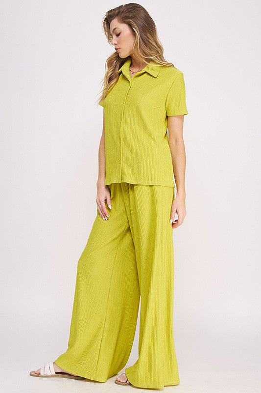 Jade By Jane Textured Short Sleeve Button Down Wide Legs Pants Set - NeoKira Unlimited