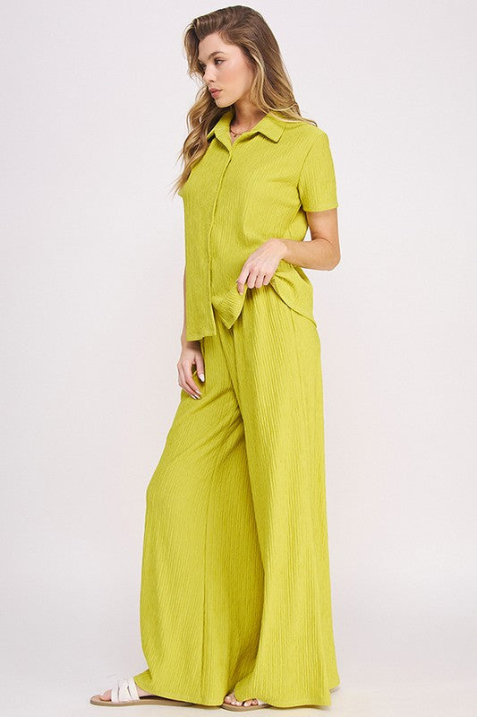 Jade By Jane Textured Short Sleeve Button Down Wide Legs Pants Set - NeoKira Unlimited