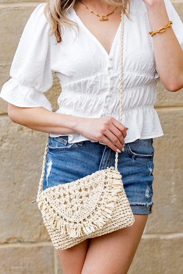 Artisan Coastal Sofia Fold-Over Straw Crossbody | Rattan Edge Boho Bag - NeoKira Unlimited