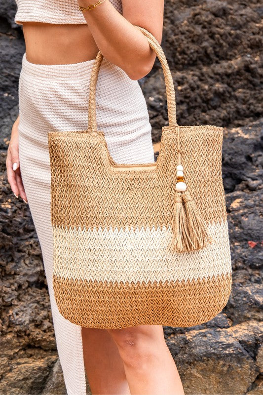 Valeria Two-Tone Straw Tote | Rustic Chic Beaded Tassel Summer Bag - NeoKira Unlimited